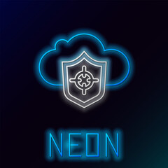Poster - Glowing neon line Cloud and shield icon isolated on black background. Cloud storage data protection. Security, safety, protection, privacy concept. Colorful outline concept. Vector
