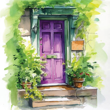  House Door With Vase Of Flowers Watercolor Paint.