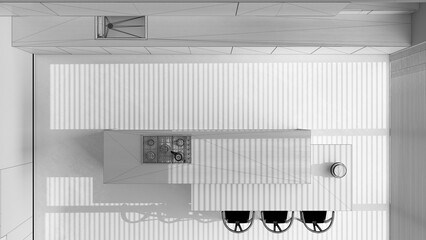 Wall Mural - Blueprint unfinished project draft, minimal wooden kitchen with island with resin floor. Cabinets, dining table and decors. Top view, plan, above. Japandi interior design