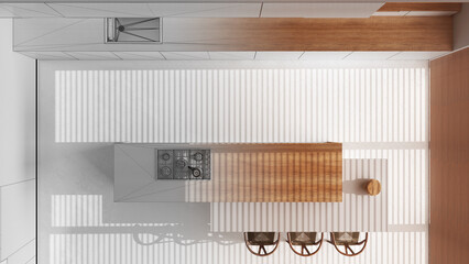 Wall Mural - Architect interior designer concept: hand-drawn draft unfinished project that becomes real, minimal wooden kitchen. Top view, plan, above. Japandi interior design