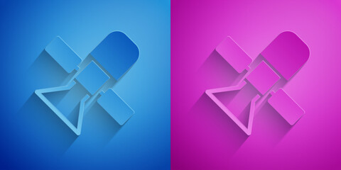 Sticker - Paper cut Satellite icon isolated on blue and purple background. Paper art style. Vector