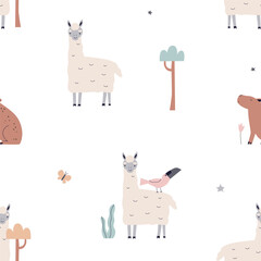 Poster - Cute Scandinavian pattern. Seamless background, childish print, baby animals. Texture design, llama and capybara. Flat vector illustration for kids wallpaper, textile, fabric, wrapping in Scandi style