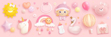 Baby Girl Shower Set. Realistic Vector Illustration Of Cartoon Baby Girl, Rainbow, Sun, Swan, Bib, Bottle, Helium Balloons And Flowers Isolated On Background