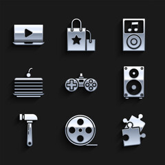 Canvas Print - Set Gamepad, Film reel, Piece of puzzle, Stereo speaker, Hammer, Cake, Music player and Online video icon. Vector