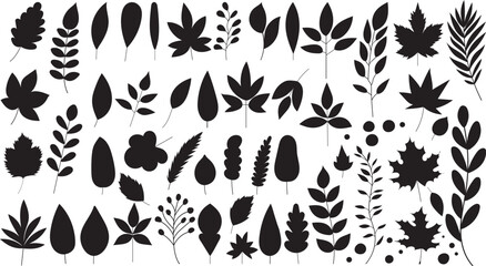 Sticker - black silhouette tree leaves set vector