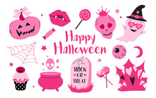 Happy Halloween. Pink Fashion Set, Pink Doll Icons In Barbiecore Style. Vector Illustration