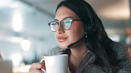 Poster - Business woman, call center and reading with headphones in customer service or support at the office. Serious female person, consultant or agent with coffee in review for online advice at workplace