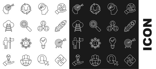 Sticker - Set line Piece of puzzle, Target with arrow, Rocket ship fire, Human head lamp bulb, Magnifying glass and gear, Ladder leading to cloud, Head hunting concept and Project team base icon. Vector