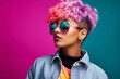 © VERTEX SPACE - glamour stylish fashion and colour glasses make up design costume beautiful woman studio shot on lolour background playful vibrant summer lifestyle fashion photo shoot with stylish woman,ai generate
