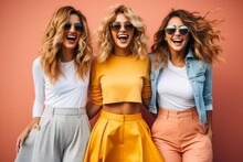Group Of Portrait Female Fashion Cloth Stylish Costume Colour Hair Style Studio Photo Shoot On Clour Background Smiling Confident Cheerful Face Expression Friend Group Together,ai Generate