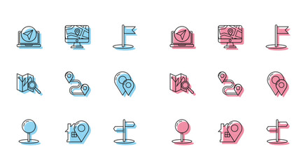 Poster - Set line Push pin, Map pointer with house, Infographic of city map navigation, Road traffic sign, Route location, Folded marker and Monitor and folded icon. Vector