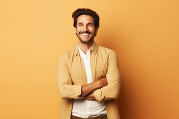 portrait of positive smiling male in casual cloth carefree joyful moment studio shoot on colour background,ai generate