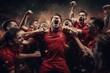 © standret - In red clothes. Group of football soccer players celebrating a victory. Beautiful illustration picture. Generative AI