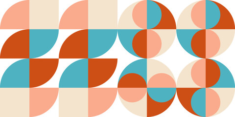 Poster - Geometric abstract vector seamless pattern with circles, rectangles and squares in retro Bauhaus style. Pastel colored simple shapes graphic background.
