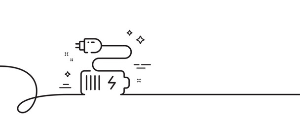 Poster - battery plug line icon. continuous one line with curl. charge accumulator sign. electric power symbo