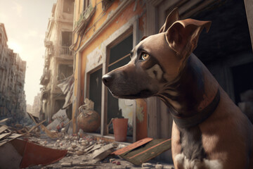 The dog sits on the ruins of an old house and looks into the distance