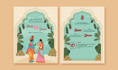 Sticker - Indian Wedding Invitation Card with Beautiful Couple Character of Lord Krishna and Radha.