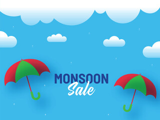 Canvas Print - Monsoon Sale Poster Design with Umbrellas, Rainy Clouds on Blue Background.