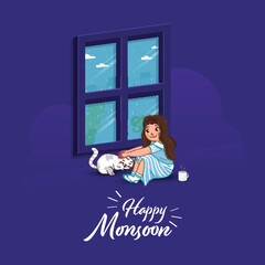 Canvas Print - Happy Monsoon Poster Design with Cute Girl Character Holding Her Pet (Cat) in Sitting Pose Near Window on Purple Background.