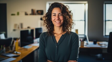 This studio scene captures a successful professional graphic designer standing confidently amidst her creative domain