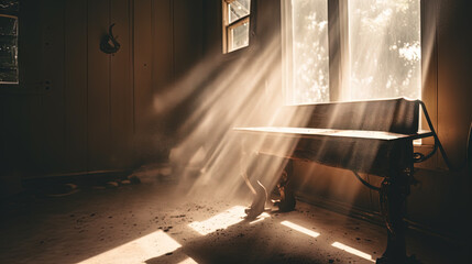 Wall Mural - Dusty room with old distressed windows and sun rays. Abandoned grungy interior with lights in the dust.