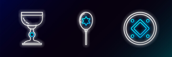 Poster - Set line Jewish coin, goblet and Balloons with ribbon with star of david icon. Glowing neon. Vector