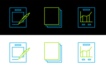 Poster - Set line Document with graph chart, Blank notebook and pen and Clean paper icon. Vector