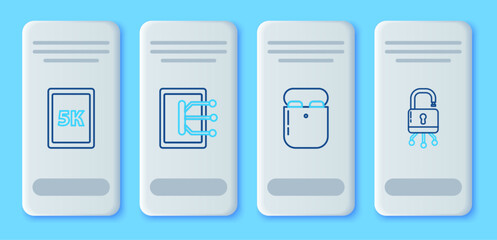 Poster - Set line Tablet, Air headphones in box, with text 5k and Lock digital circuit board icon. Vector