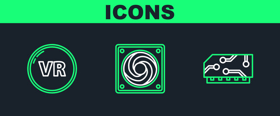 Poster - Set line RAM, random access memory, Virtual reality and Computer cooler icon. Vector