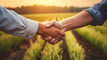 Handshake. Two Farmer Standing And Shaking Hands In A Wheat Field. Agricultural Business.