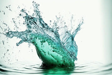 Poster - Water splash with beautiful drops flying away. Liquid motion background.
