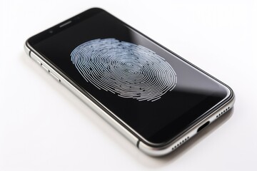 Poster - A black smartphone with a silver edge and a white fingerprint on the screen on a white background
