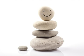 Wall Mural - A stack of four stones with a smiley face on top and a lone stone on the side: a simple and elegant composition that shows balance and harmony.