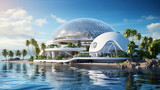 Fototapeta Londyn - edge floating research facility stationed in the middle of an expansive, tranquil ocean. The facility is a marvel of modern design, with a glass dome housing a lush botanical garden and research labs.