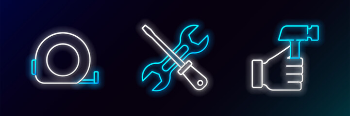 Sticker - Set line Hammer, Roulette construction and Screwdriver and wrench icon. Glowing neon. Vector