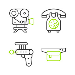 Poster - Set line Waist bag of banana, Ray gun, Telephone handset and Retro cinema camera icon. Vector