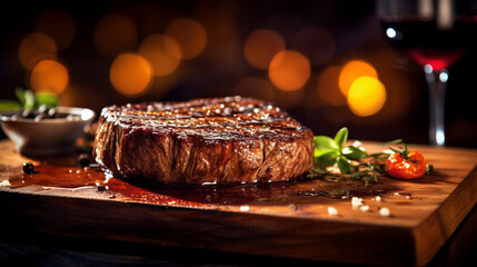 Wall Mural - beef steak on wooden board close up.