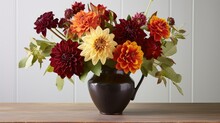 Autumnal Bouquet In Vase. Autumn Still Life With Orange And Red Flowers. Beautiful Flower Composition. AI Photography.