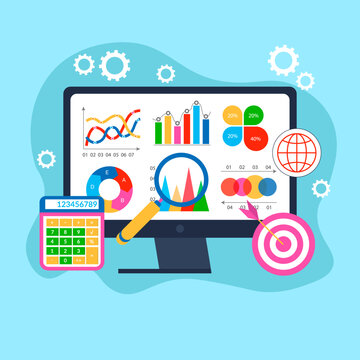 Online analytics, financial report chart, data analysis, and web development concept. Monitor with data chart company profile, info graphic elements graph design, abstract business presentation