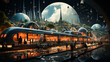 © Denis Yevtekhov - A whimsical depiction of a meeting room as a bustling train station, with employees rushing to catch ideas departing on imaginative trains bound for innovation Generative AI