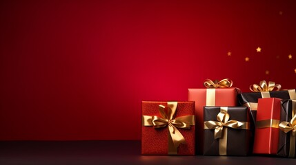 Poster - red, black and gold christmas gifts. beautiful illustration picture. generative ai