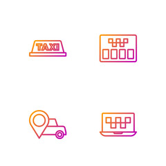 Sticker - Set line Laptop call taxi service, Location with, Taxi car roof and Taximeter. Gradient color icons. Vector