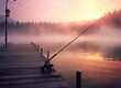 Fishing rod, spinning reel on the background pier river bank. Sunrise. Fog against the backdrop of lake. Misty morning. wild nature. Created with Generative AI technology.