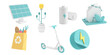© Elena Sharipova - 3d Eco Icons set. Solar panel, light bulb flower, batteries, eco fuel, recycle bags, green energy, electric scooter. Environmental, Social, Governance concept. 3d render illustration.