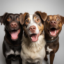 Group Of Three Dogs In Front Of A Grey Background With A Happy Expression
