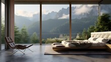 Modern Bedroom With A Stunning View To Foresrts And Mountains. Generative AI Illustration.