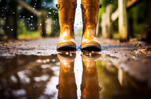 Yellow Rubber Boots Standing By A Puddle Of Rain Water On A Dirt Road. Concept Of Wet Weather And Rainy Season In The Autumn. Shallow Field Of View.