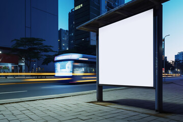 An image of a bus stop with a blank billboard on the side of the road, Generative AI