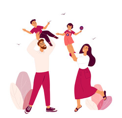 Wall Mural - Happy family spending time outdoor together.Mother,Father and Children, Daughter and Son.Loving Family and Warm relationships.Parents support their Children Kids.Flat vector isolated illustration