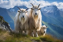 A Pair Of Mountain Goats On A Verdant Hill. Generative AI